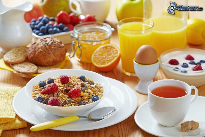 breakfast, cereals, tea, orange juice, fruit