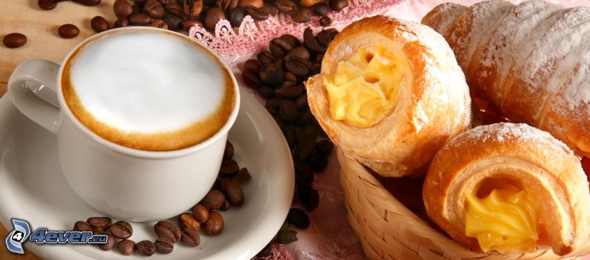 breakfast, cup of coffee, croissants