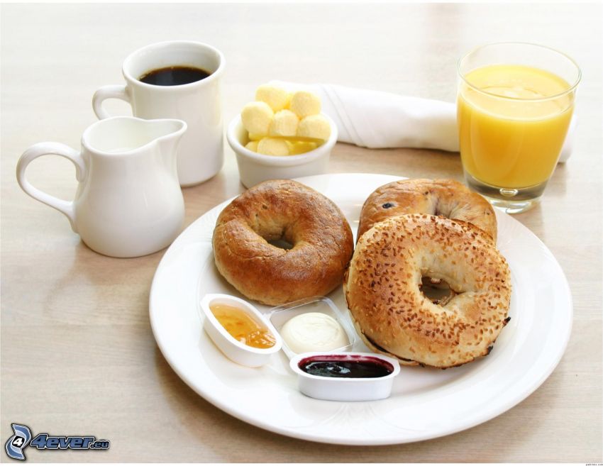 breakfast, donuts, orange juice, coffee