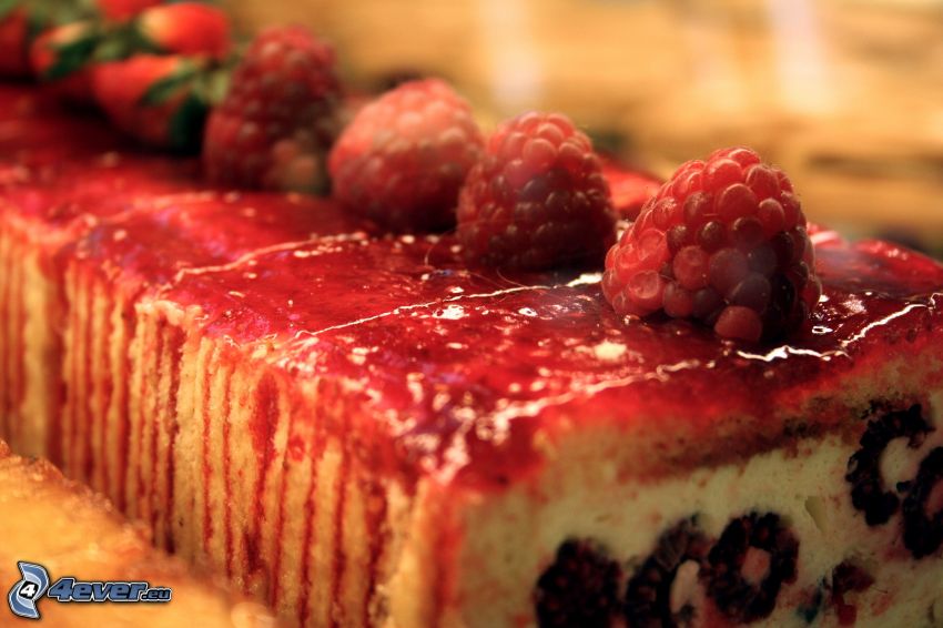 cake, raspberries