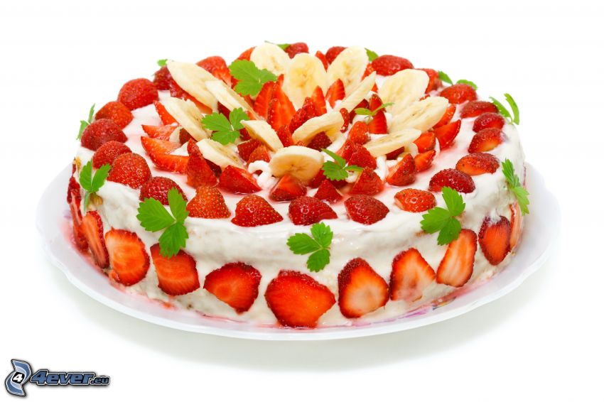 cake, strawberries, banana