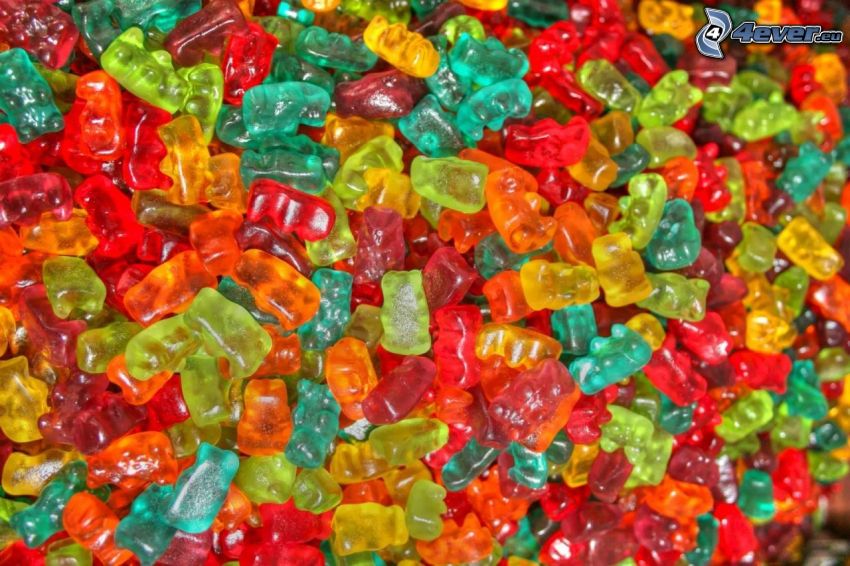 candy, jellies, teddy bears