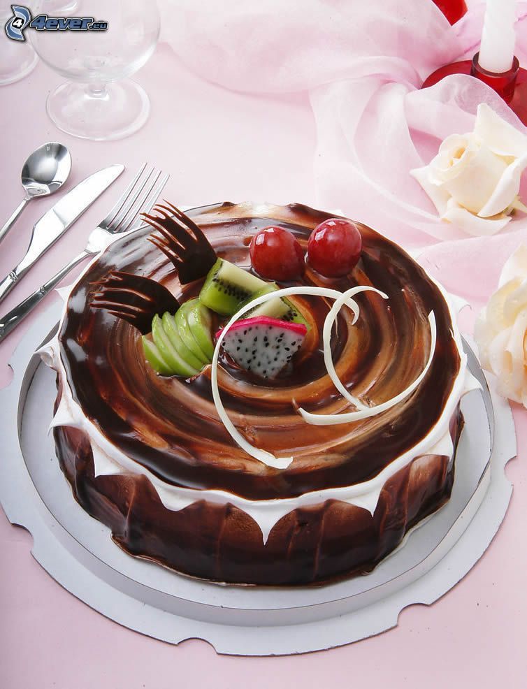 chocolate cake, fruit