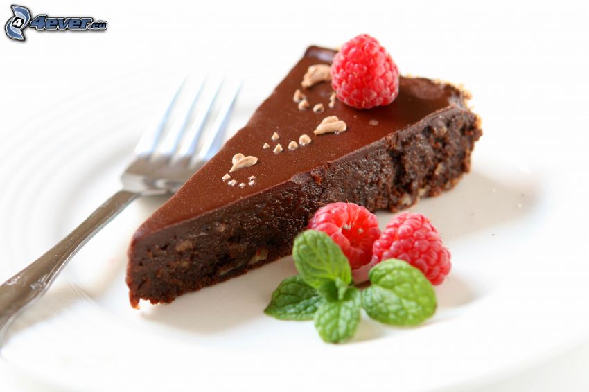 chocolate cake, piece of cake, raspberries, mint, fork