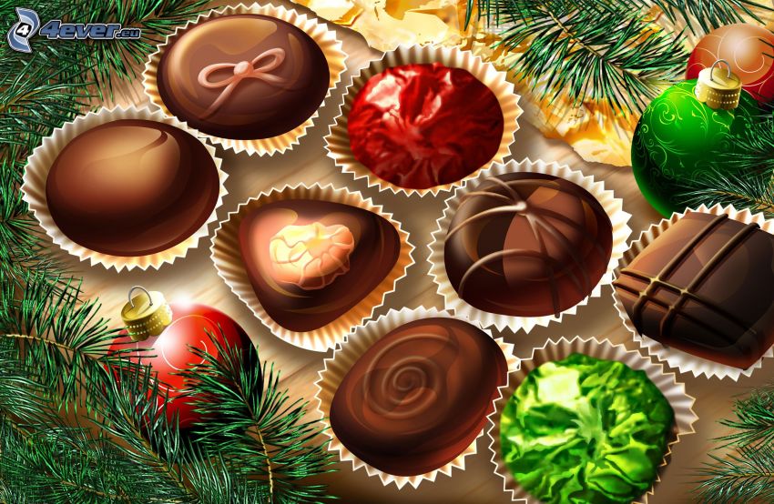 chocolate truffles, christmas balls, conifer twig