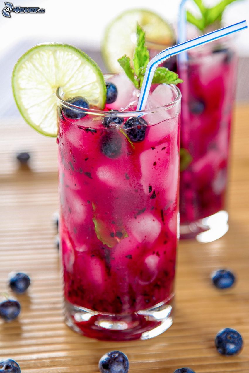cocktail, blueberries, limes, straw