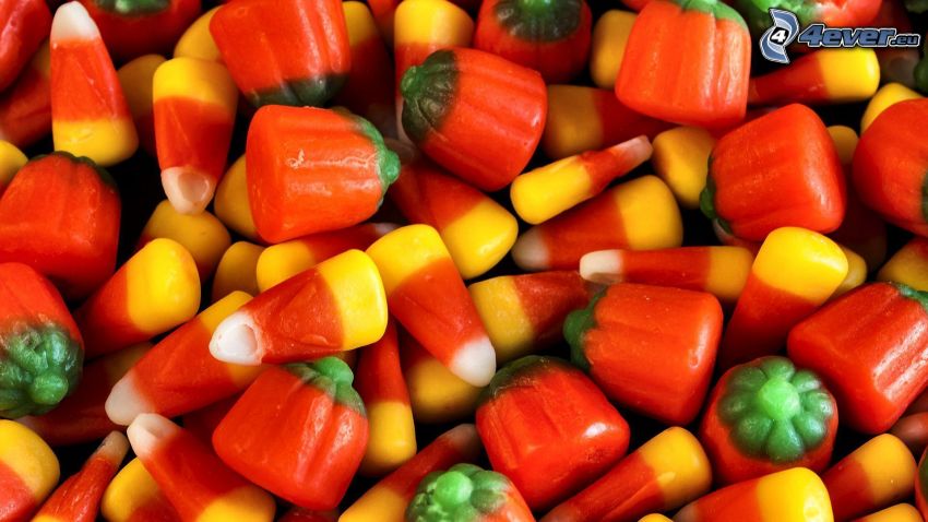 colorful candy, pumpkins