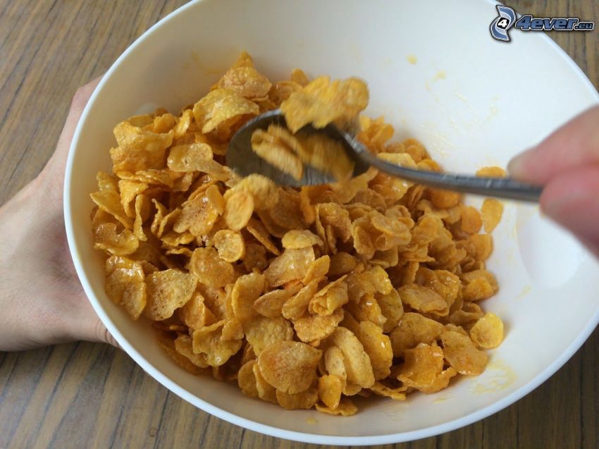 cornflakes, bowl, spoon, breakfast
