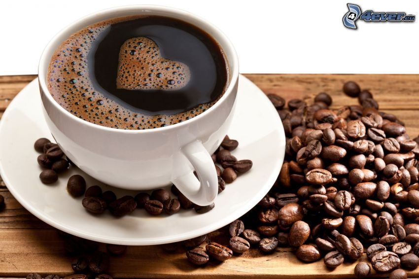 cup of coffee, coffee beans, heart