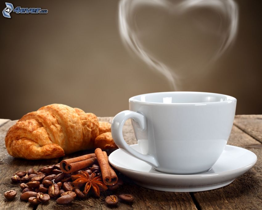 cup of coffee, heart, croissant, coffee beans, cinnamon
