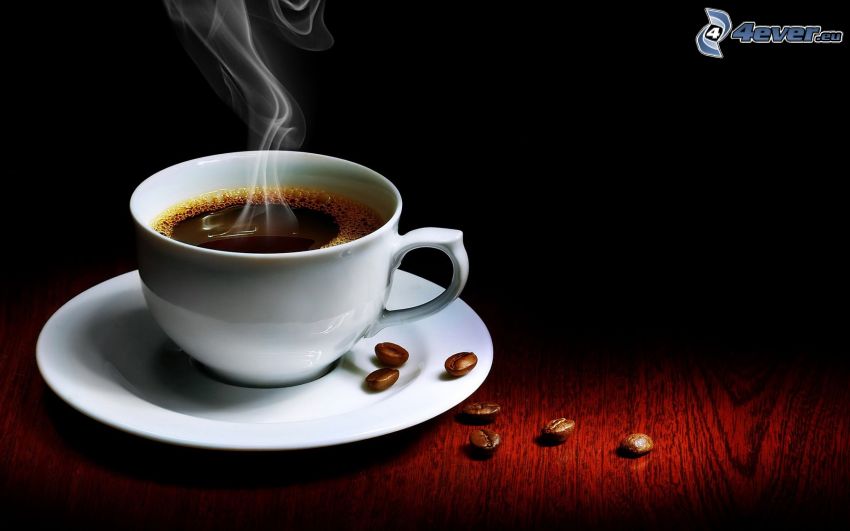 cup of coffee, steam, coffee beans