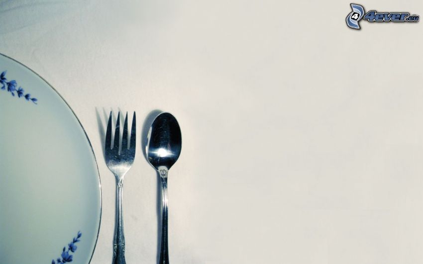 cutlery, fork, spoon, plate