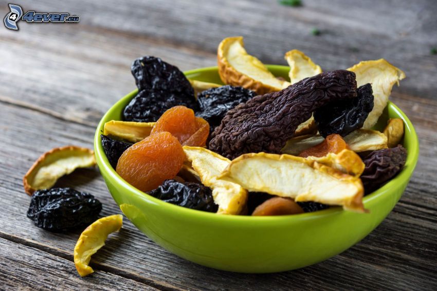 dried apples, dried apricots, prunes