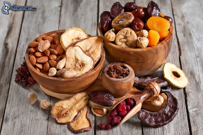 dried figs, dried pears, dried apples, dried raisins, cranberries, dried apricots, almonds