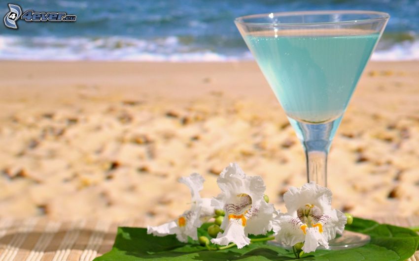 drink, sandy beach