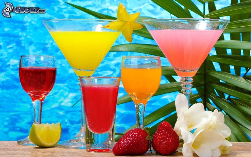 drinks, glasses, strawberries, flowers, lemon