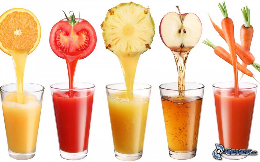 fresh juice, orange, tomato, pineapple, apple, carrot, glasses