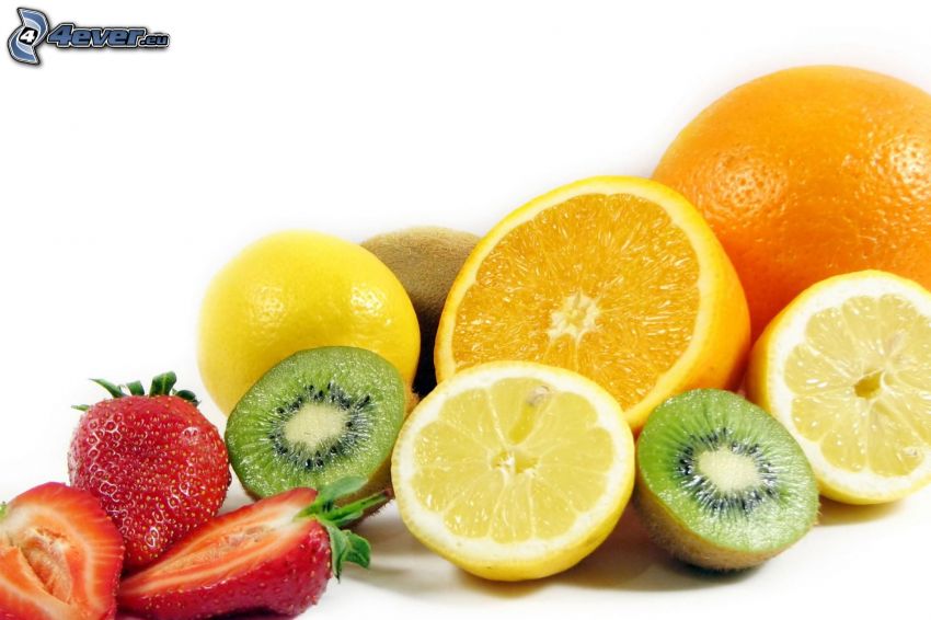 fruit, orange, lemon, kiwi, strawberries