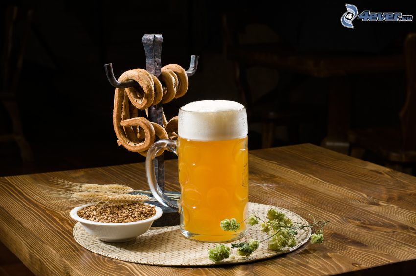 glass of beer, barley, hops