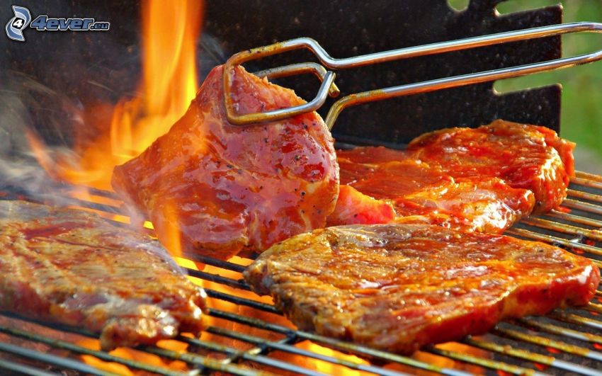 grilled meat, grill, fire