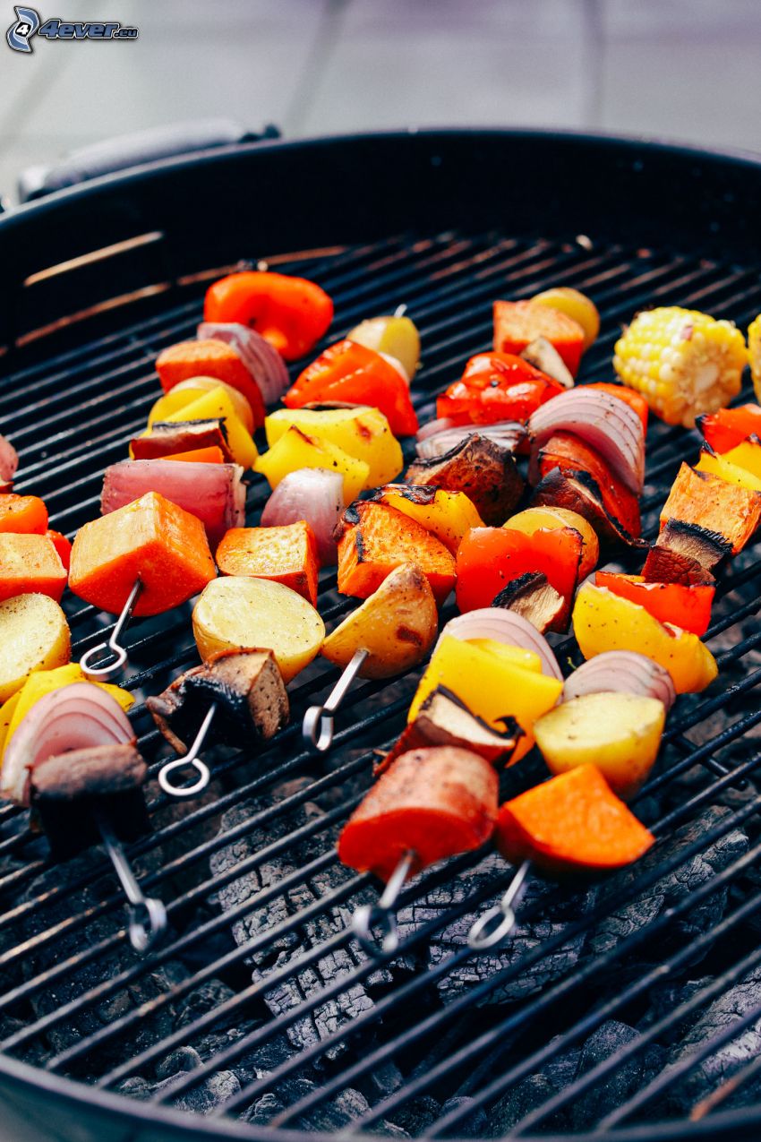 grilled skewer, peppers, potatoes, carrot, onion