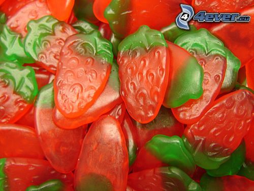 gummy candy, strawberries