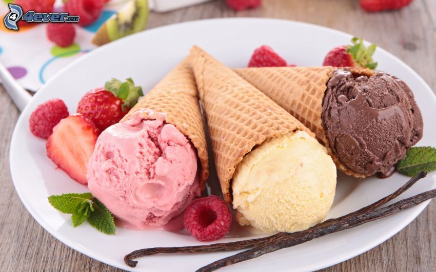 ice cream, cones, raspberries, strawberries, cinnamon, mint leaves