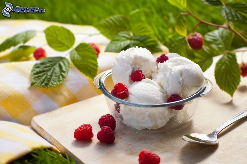 ice cream, raspberries