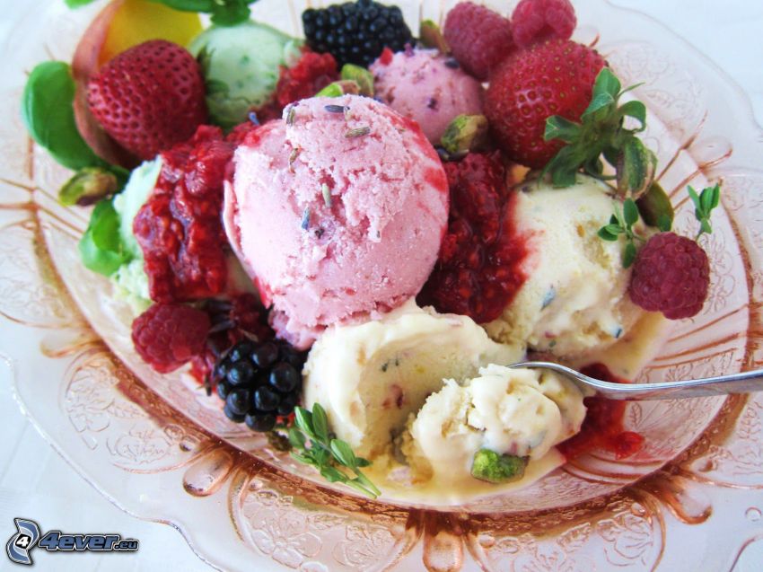 ice cream with fruit, berries