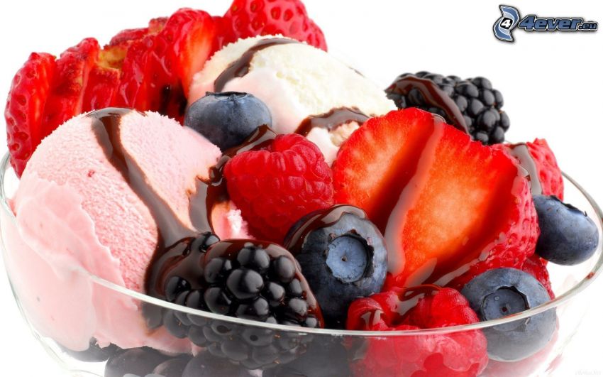 ice cream with fruit, berries