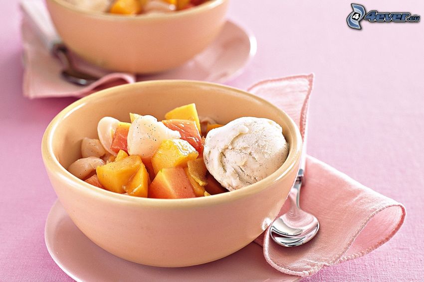 ice cream with fruit, bowl, spoon