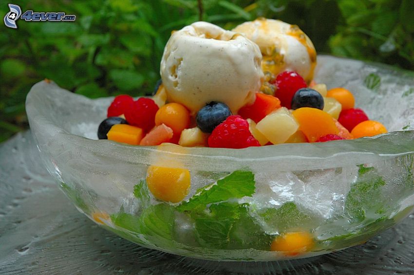ice cream with fruit, mint leaves