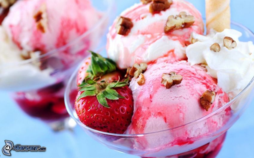 ice cream with fruit, strawberries, nuts