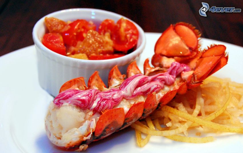 lobster, potatoes, cherry tomatoes