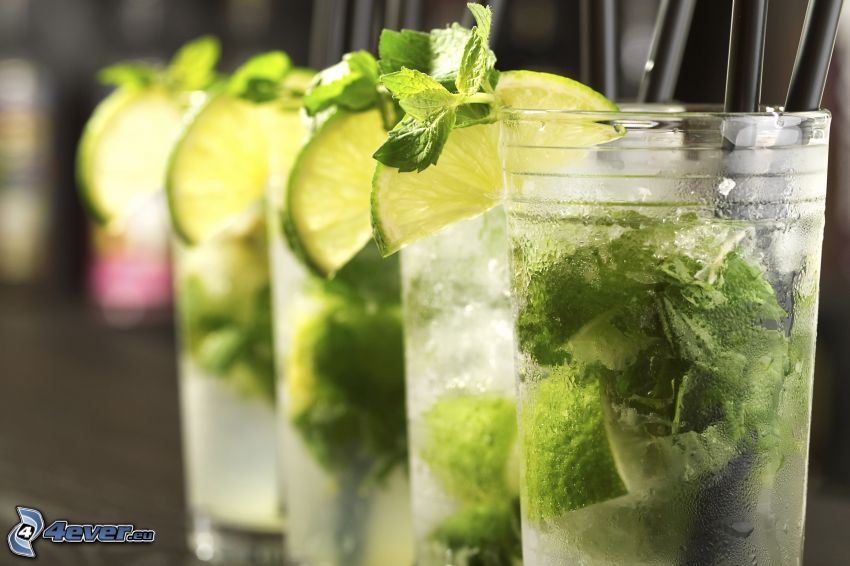 mojito, mixed drinks, a slice of lime, mint leaves