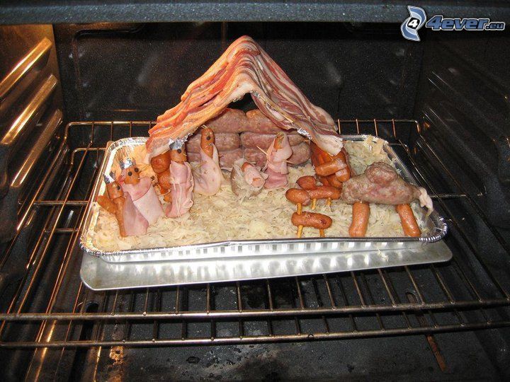 Nativity scene, meat, bacon, ham, sausage, cabbage