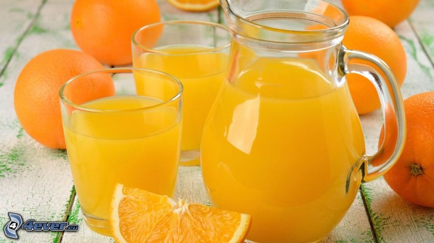 orange juice, pitcher, glasses, oranges