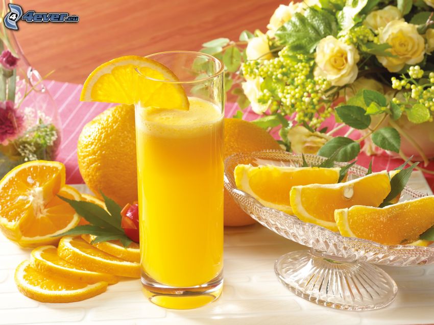 orange juice, sliced oranges