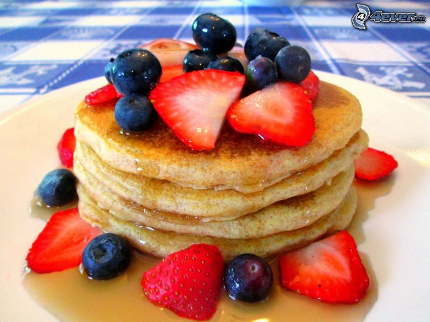 pancakes, strawberries, blueberries