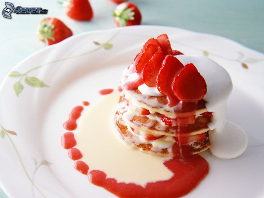 pancakes, strawberries