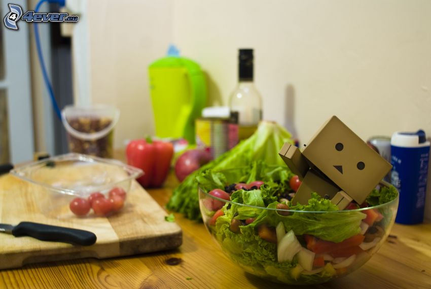 paper robot, salad, kitchen
