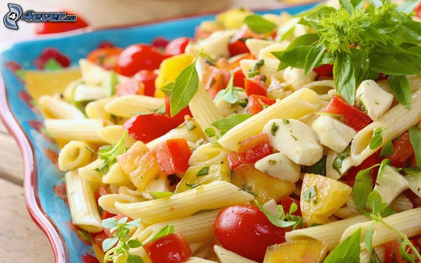 pasta salad, penne, tomatoes