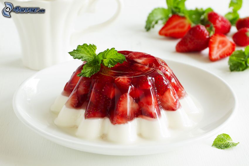 pudding, strawberries, jellies