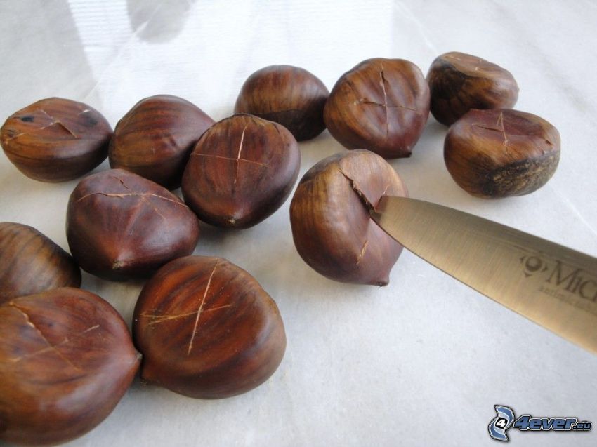 roasted chestnuts, knife