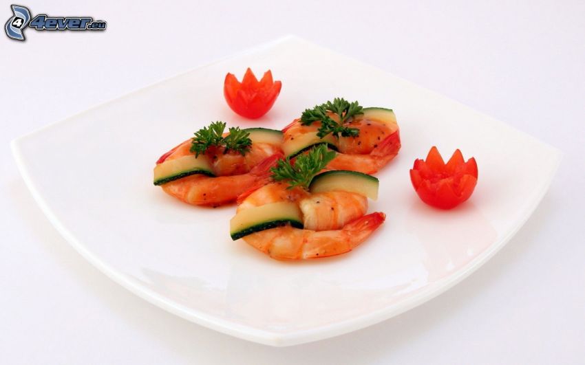 seafood, plate, tomatoes