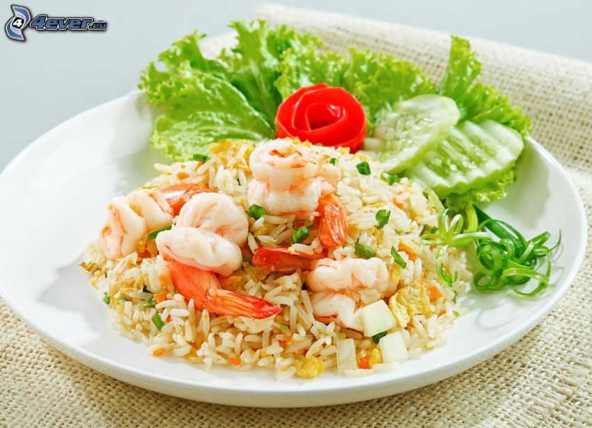 shrimp, risotto, salad