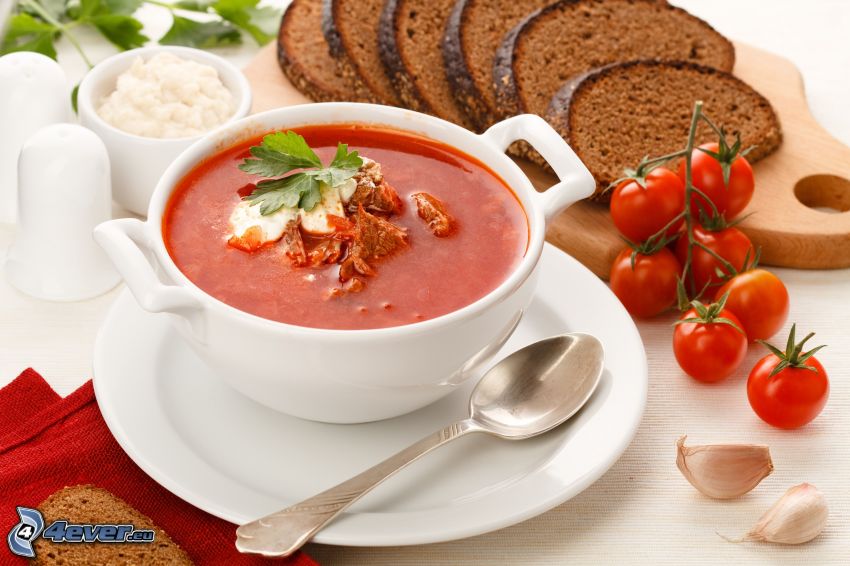 soup, cherry tomatoes, bread