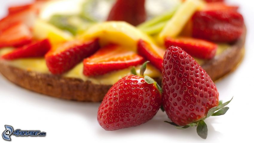 strawberries, fruit cake