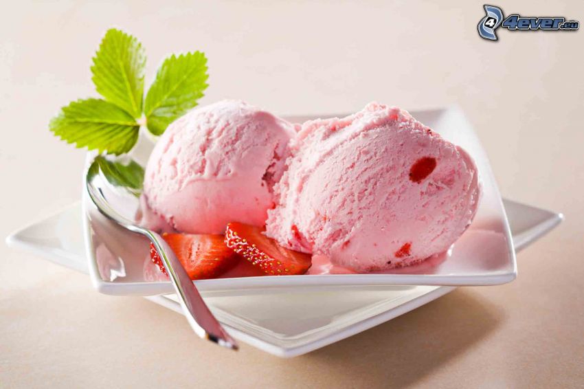 strawberry ice cream, strawberries, mint leaves, spoon