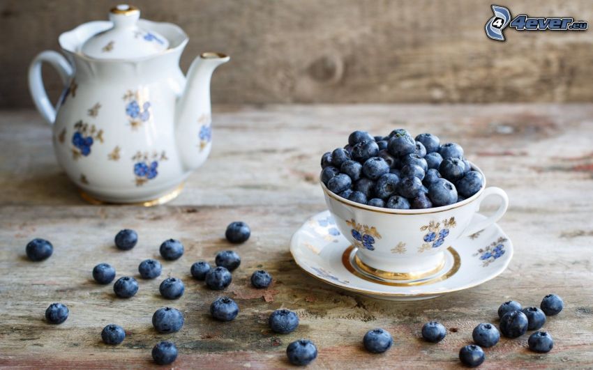 teapot, cup, blueberries
